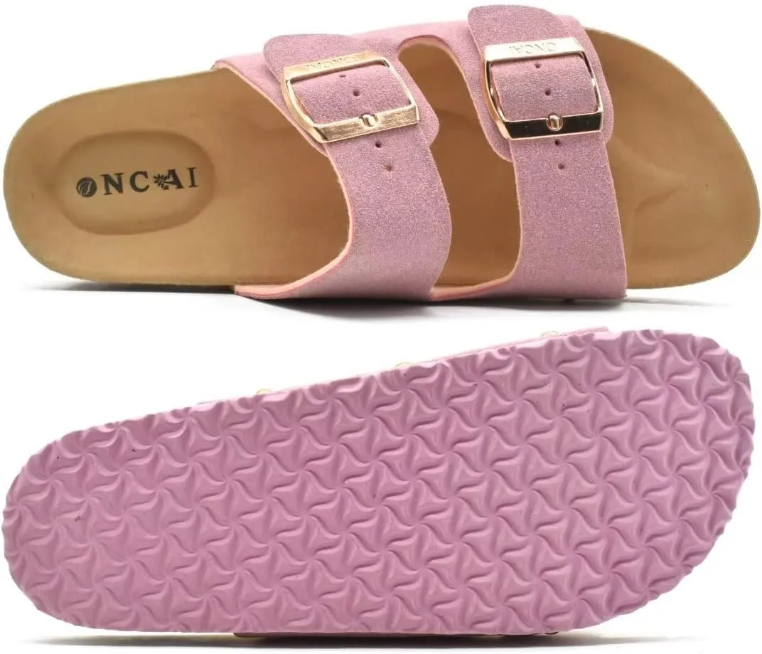 ONCAI Womens Flat Slide Sandals with Arch Support 2 Strap Adjustable Buckle Slip on Slides Shoes Non Slip Rubber Sole