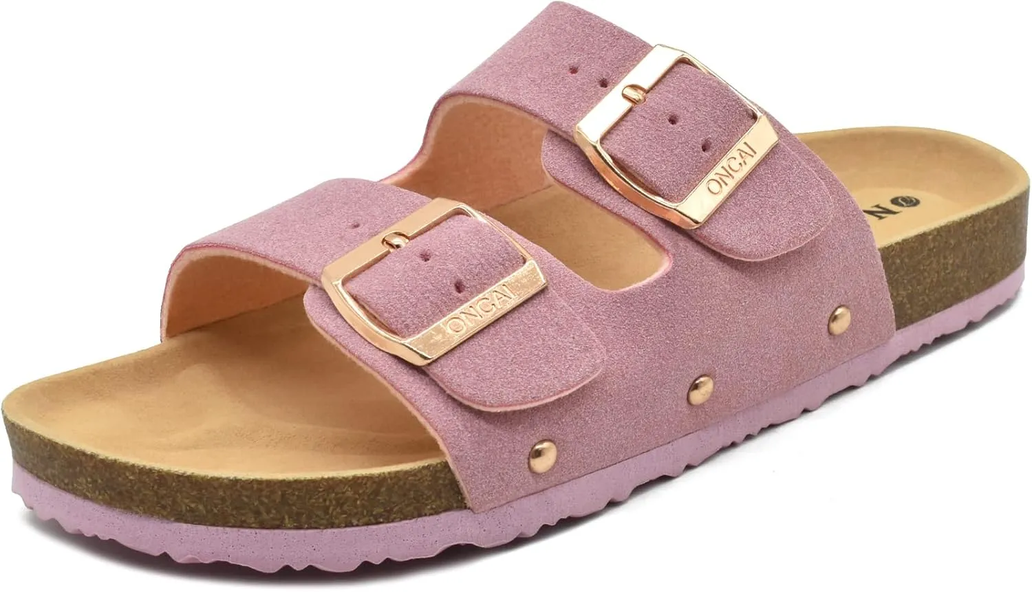 ONCAI Womens Flat Slide Sandals with Arch Support 2 Strap Adjustable Buckle Slip on Slides Shoes Non Slip Rubber Sole
