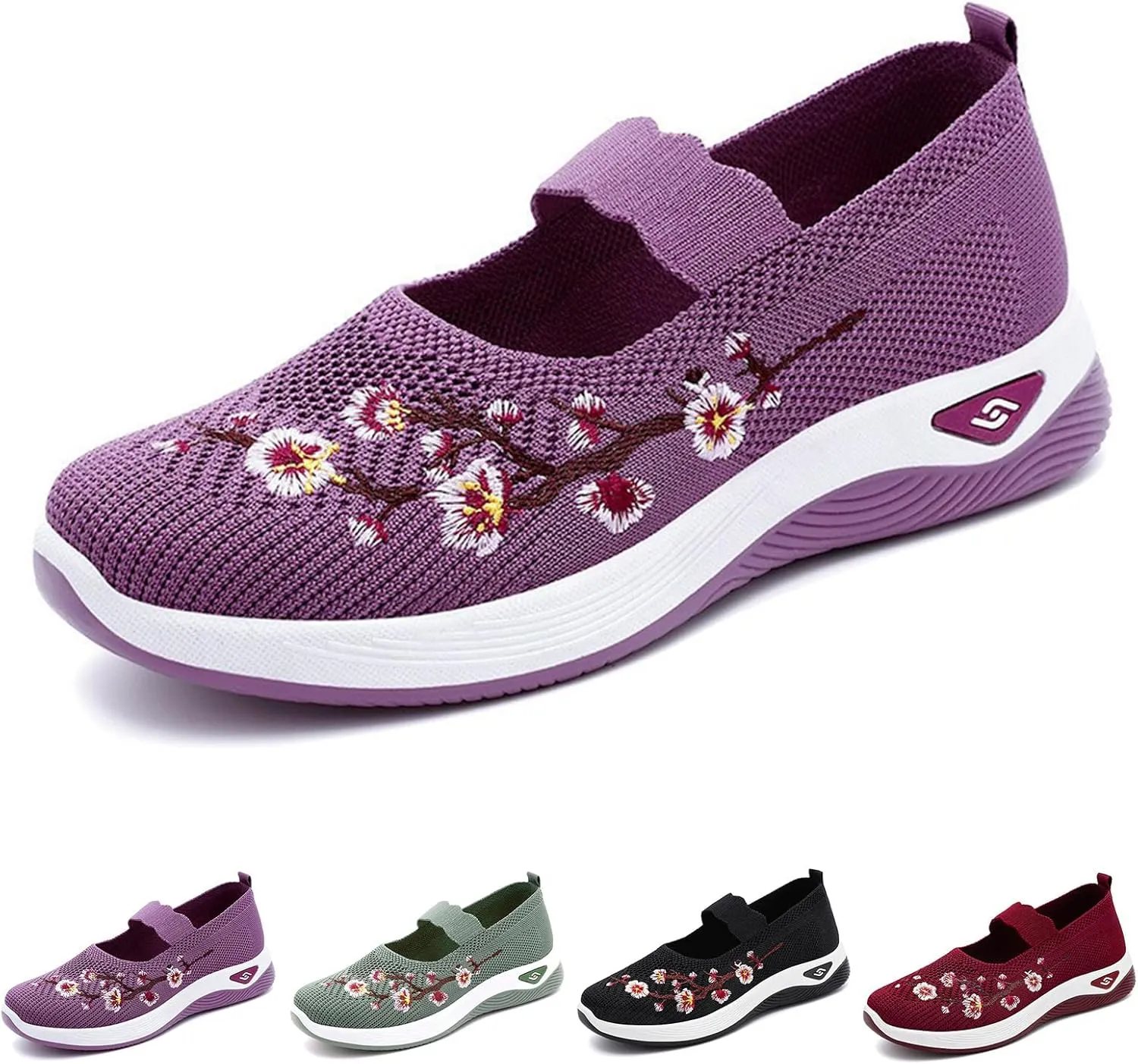 Orthopedic Shoes for Women Flower Embroidered Slip On Casual Woven Flat Loafers Breathable Soft Shoe Diabetic Walking Sneakers Comfortable Non Slip Work Sneaker with Arch Support