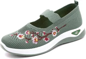 Orthopedic Shoes for Women Flower Embroidered Slip On Casual Woven Flat Loafers Breathable Soft Shoe Diabetic Walking Sneakers Comfortable Non Slip Work Sneaker with Arch Support
