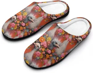 Ostriches and Flowers Men's Cotton Slipper Shoes Printed Funny Soft Anti-Skid Sole Home Shoe for House Indoor Outdoor