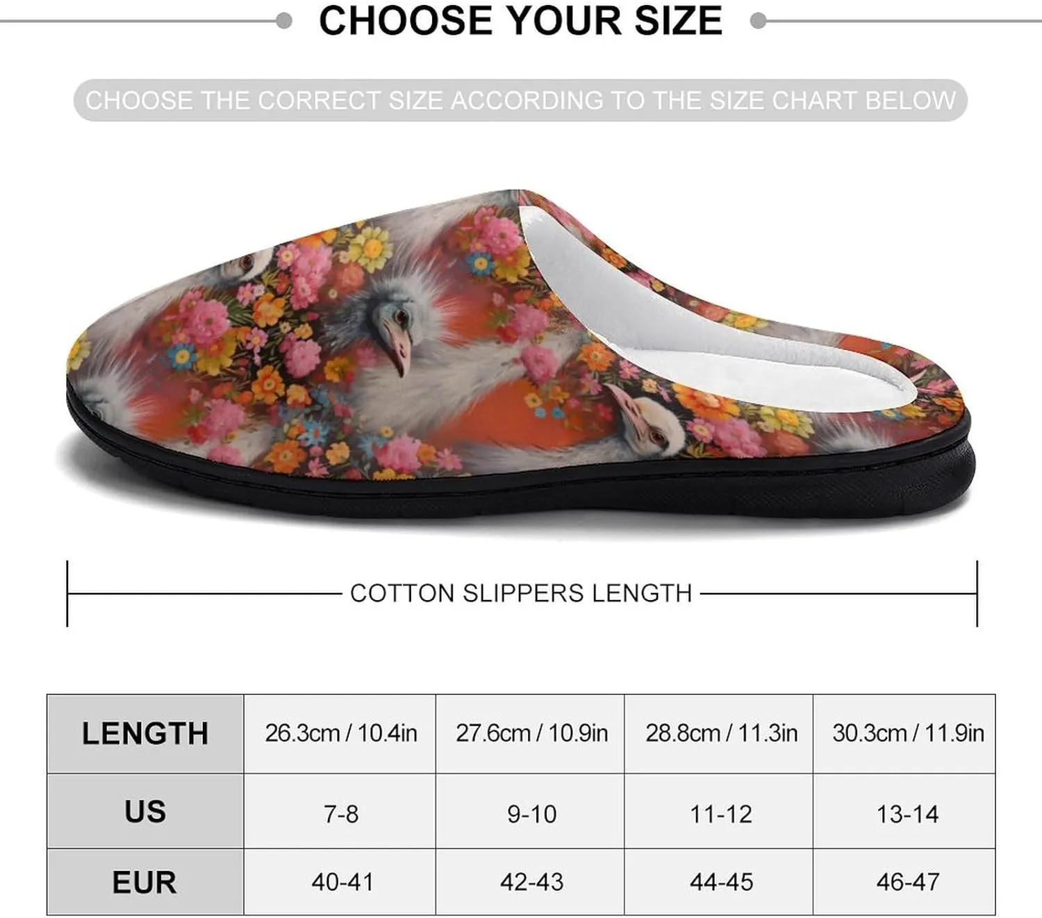 Ostriches and Flowers Men's Cotton Slipper Shoes Printed Funny Soft Anti-Skid Sole Home Shoe for House Indoor Outdoor