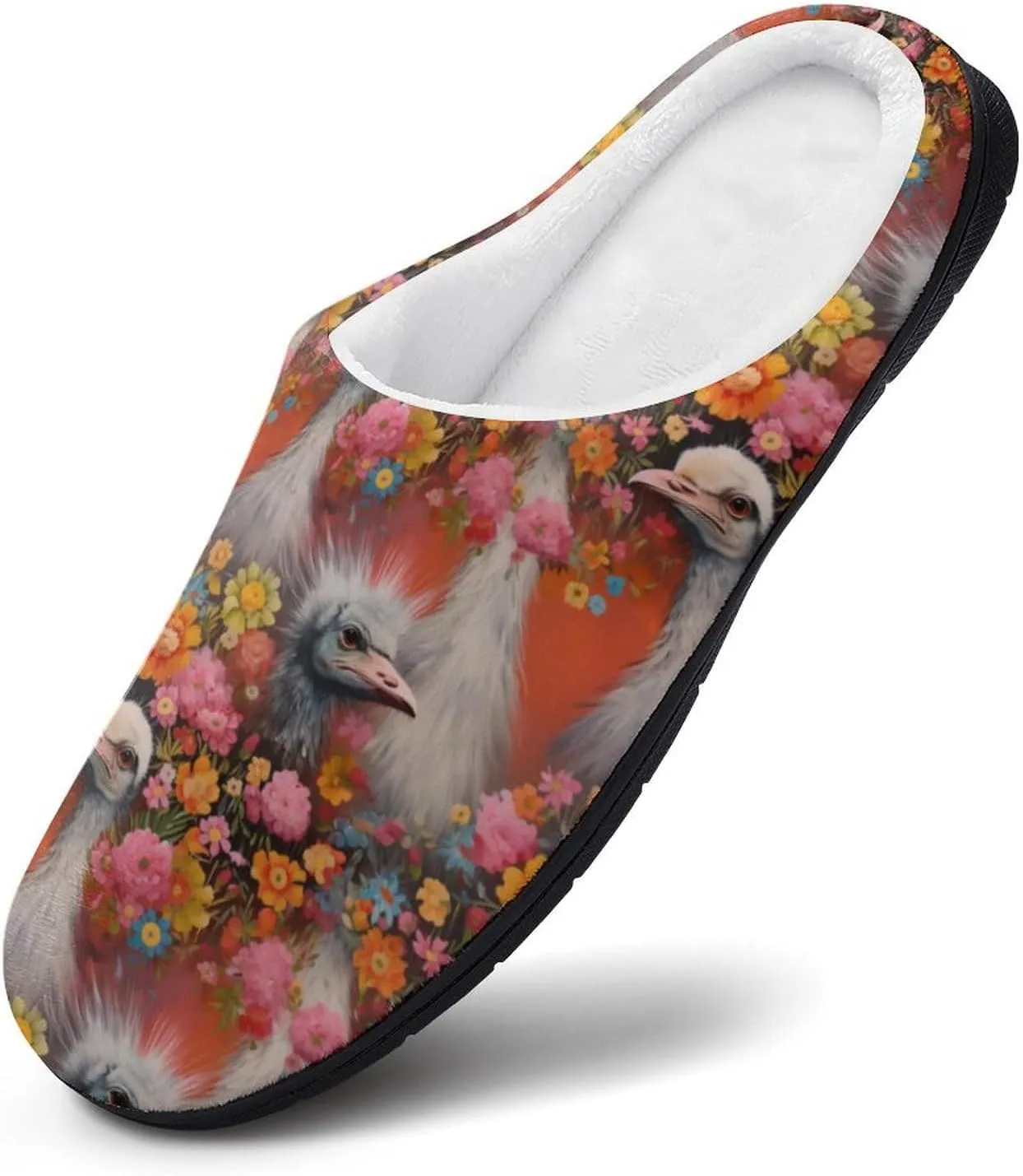Ostriches and Flowers Men's Cotton Slipper Shoes Printed Funny Soft Anti-Skid Sole Home Shoe for House Indoor Outdoor