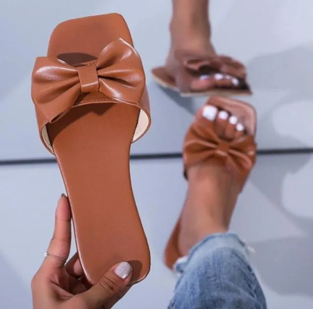 outdoor flat leather bow non-slip beach slides
