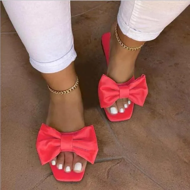 outdoor flat leather bow non-slip beach slides