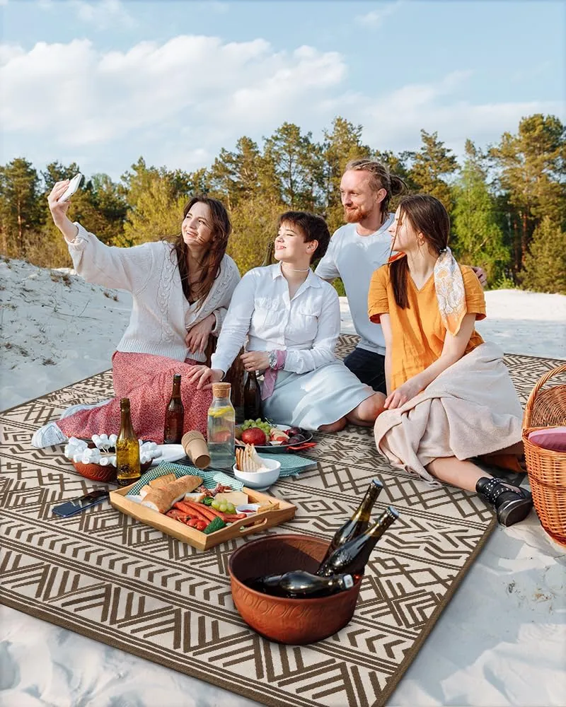 Outdoor Rug Carpet 8x10 ft, Flatweave Textured Outdoor Patio Rug Non Slip Indoor Outdoor Rugs with Rubber Particles Backing Boho Outdoor Area Rug for Patio Deck Front Porch Backyard Balcony, Brown