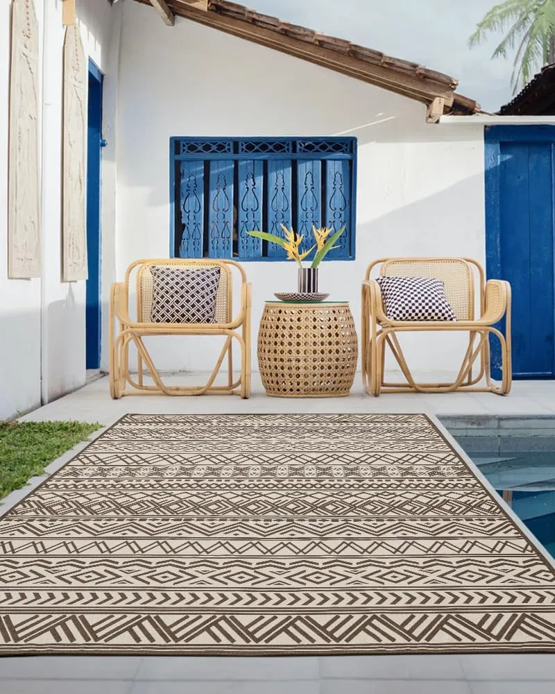 Outdoor Rug Carpet 8x10 ft, Flatweave Textured Outdoor Patio Rug Non Slip Indoor Outdoor Rugs with Rubber Particles Backing Boho Outdoor Area Rug for Patio Deck Front Porch Backyard Balcony, Brown