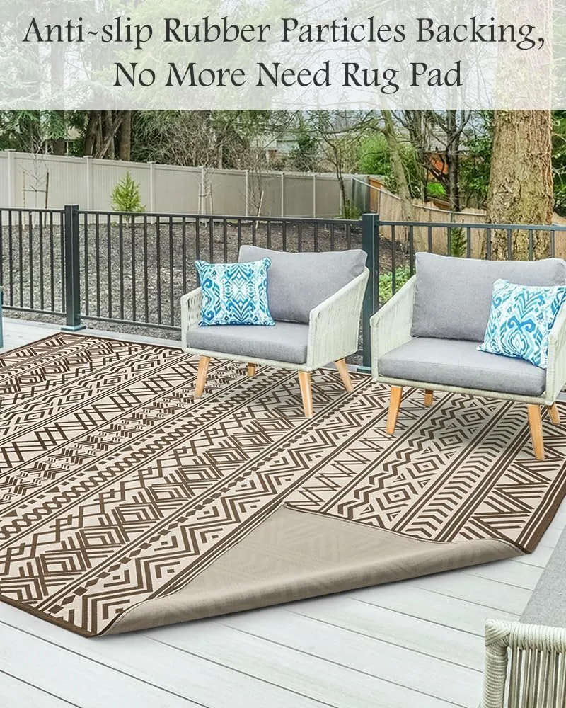 Outdoor Rug Carpet 8x10 ft, Flatweave Textured Outdoor Patio Rug Non Slip Indoor Outdoor Rugs with Rubber Particles Backing Boho Outdoor Area Rug for Patio Deck Front Porch Backyard Balcony, Brown