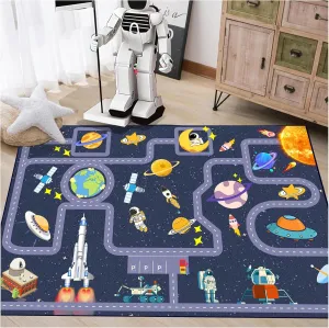 Outer Space Kids Rug，Kids Space Car Carpet Rug,Non-Slip Outer Space Route Kids Rug，for Playroom Bedroom Boys，Kids Outer Space Car Mat Road Rug,Outer Space Rug Car Play Rug for Kids（47×31 in