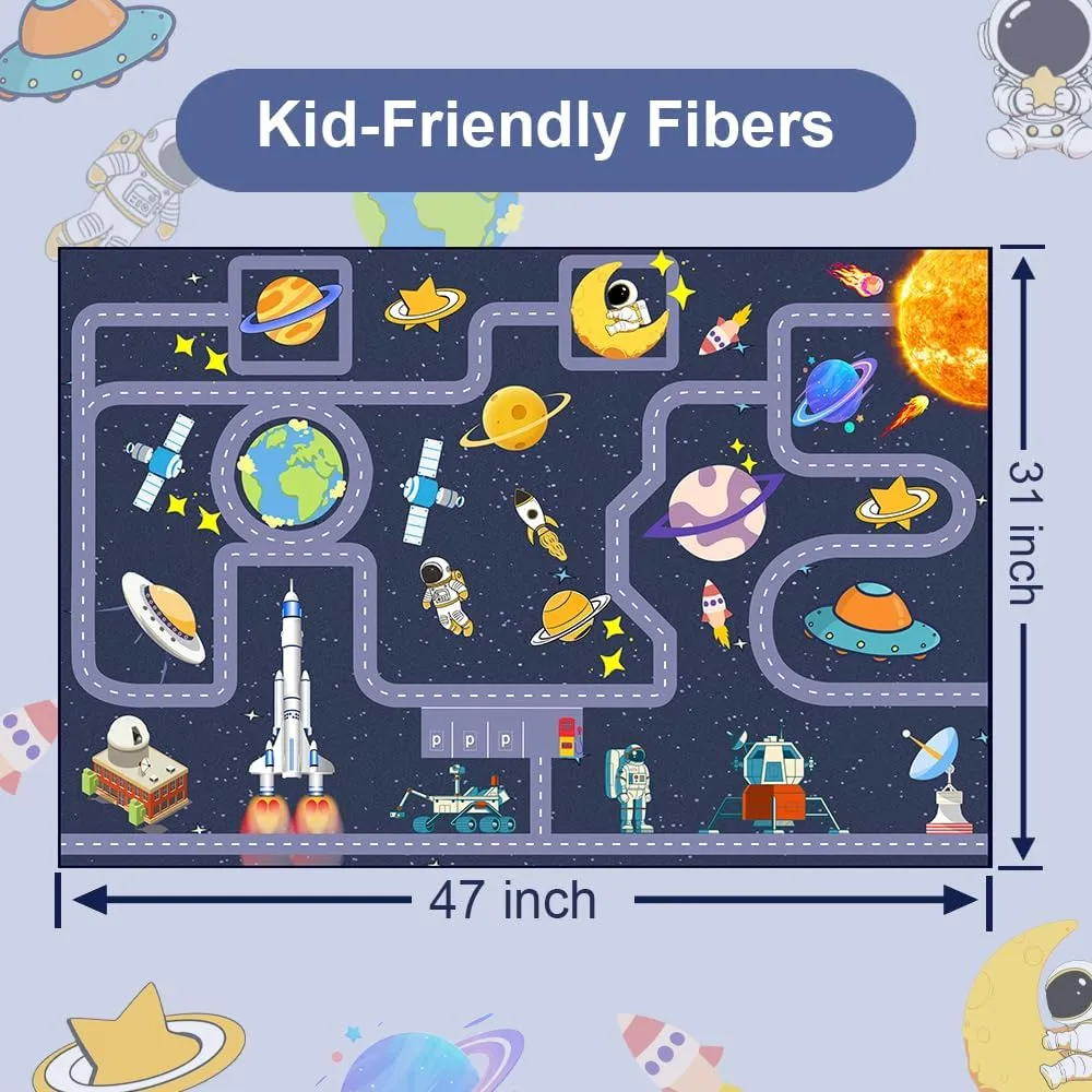 Outer Space Kids Rug，Kids Space Car Carpet Rug,Non-Slip Outer Space Route Kids Rug，for Playroom Bedroom Boys，Kids Outer Space Car Mat Road Rug,Outer Space Rug Car Play Rug for Kids（47×31 in