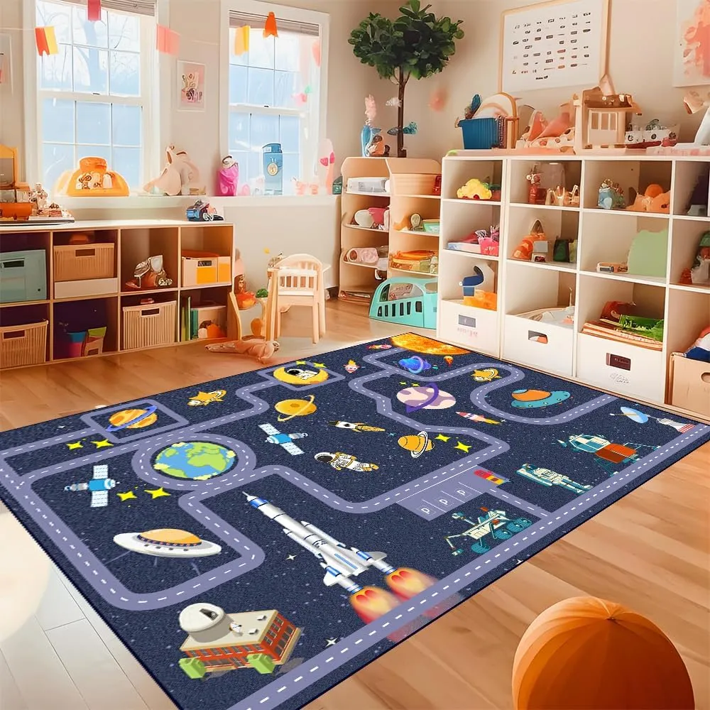 Outer Space Kids Rug，Kids Space Car Carpet Rug,Non-Slip Outer Space Route Kids Rug，for Playroom Bedroom Boys，Kids Outer Space Car Mat Road Rug,Outer Space Rug Car Play Rug for Kids（47×31 in