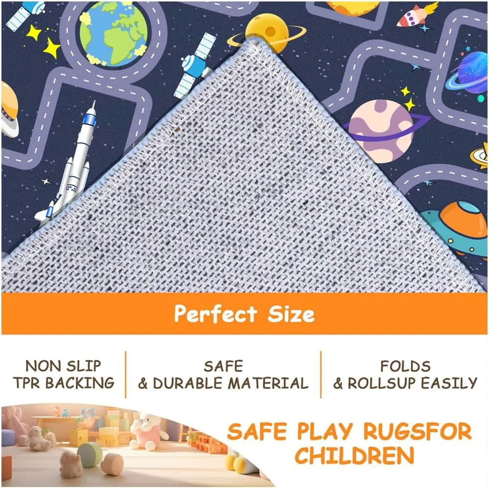 Outer Space Kids Rug，Kids Space Car Carpet Rug,Non-Slip Outer Space Route Kids Rug，for Playroom Bedroom Boys，Kids Outer Space Car Mat Road Rug,Outer Space Rug Car Play Rug for Kids（47×31 in