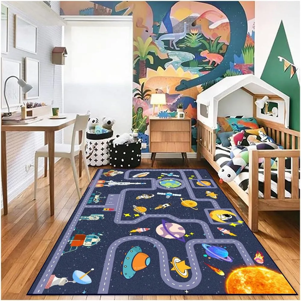 Outer Space Kids Rug，Kids Space Car Carpet Rug,Non-Slip Outer Space Route Kids Rug，for Playroom Bedroom Boys，Kids Outer Space Car Mat Road Rug,Outer Space Rug Car Play Rug for Kids（47×31 in