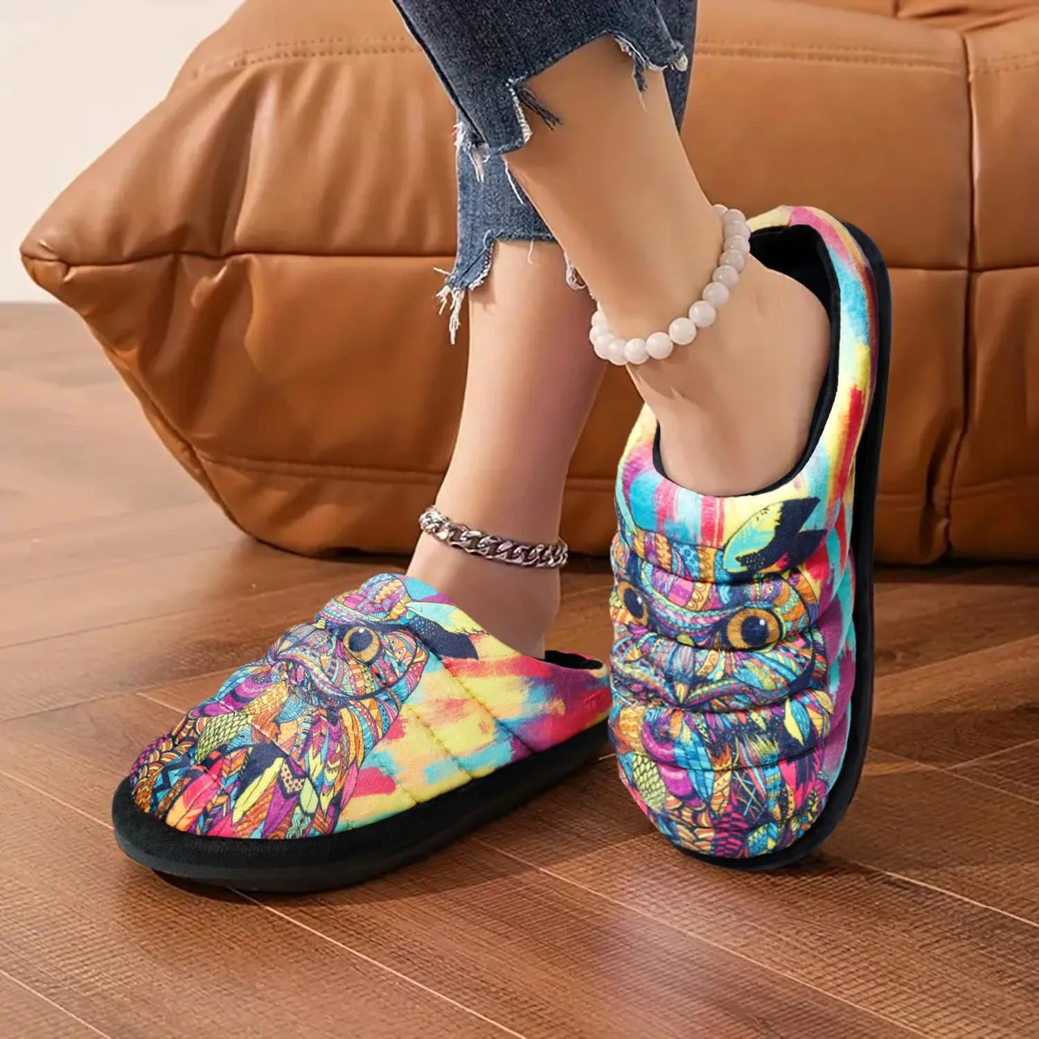 Owl Slippers for Women Comfortable Fluzzy Memory Foam House Slides Indoor Home Shoes with Non-Slip Rubber Soles
