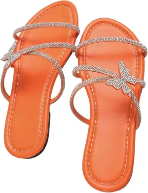 OYOANGLE Women's Butterfly Rhinestone Shiny Slide Sandals Strappy Slip on Flat Sandals Dressy Casual Sliders