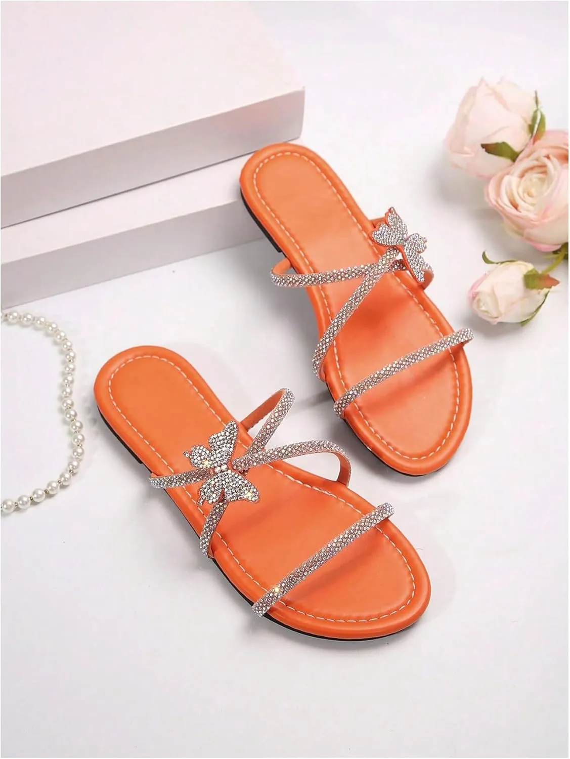 OYOANGLE Women's Butterfly Rhinestone Shiny Slide Sandals Strappy Slip on Flat Sandals Dressy Casual Sliders