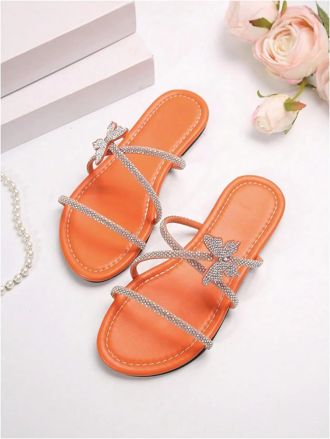 OYOANGLE Women's Butterfly Rhinestone Shiny Slide Sandals Strappy Slip on Flat Sandals Dressy Casual Sliders