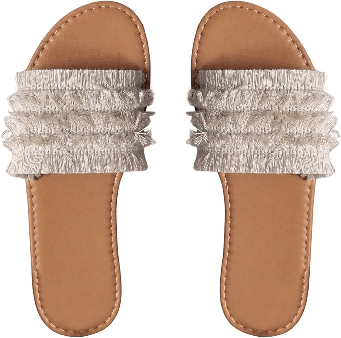 OYOANGLE Women's Fringe PU Leather Flat Sandals Open Toe Slip On Vacation Slides Sandal