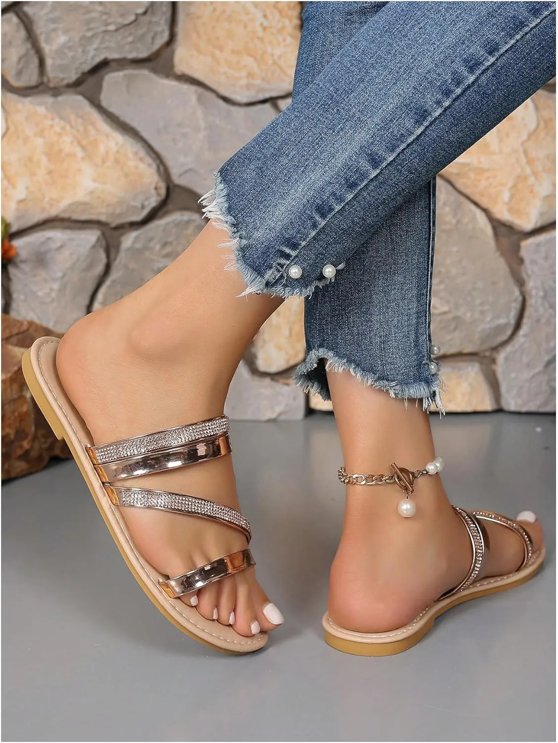 OYOANGLE Women's Glitter Rhinestone Strappy Flat Sandals Metallic Open Toe Slip on Sandals