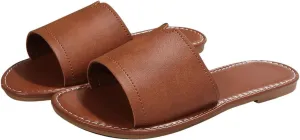 OYOANGLE Women's PU Leather Open Toe Flat Sandals Single Band Summer Casual Slip on Slides