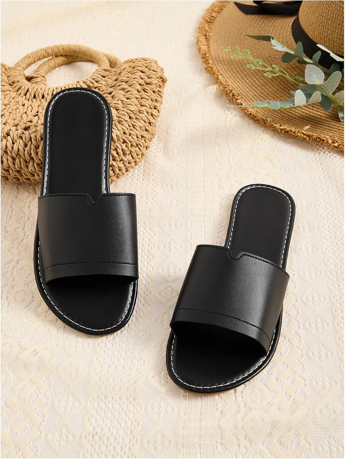 OYOANGLE Women's PU Leather Open Toe Flat Sandals Single Band Summer Casual Slip on Slides