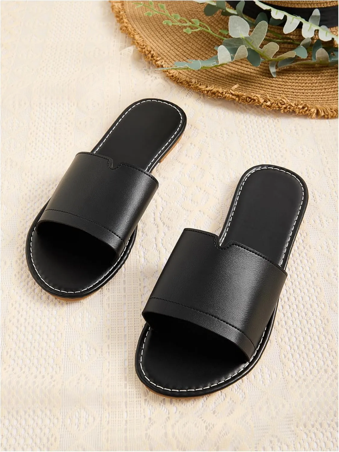 OYOANGLE Women's PU Leather Open Toe Flat Sandals Single Band Summer Casual Slip on Slides