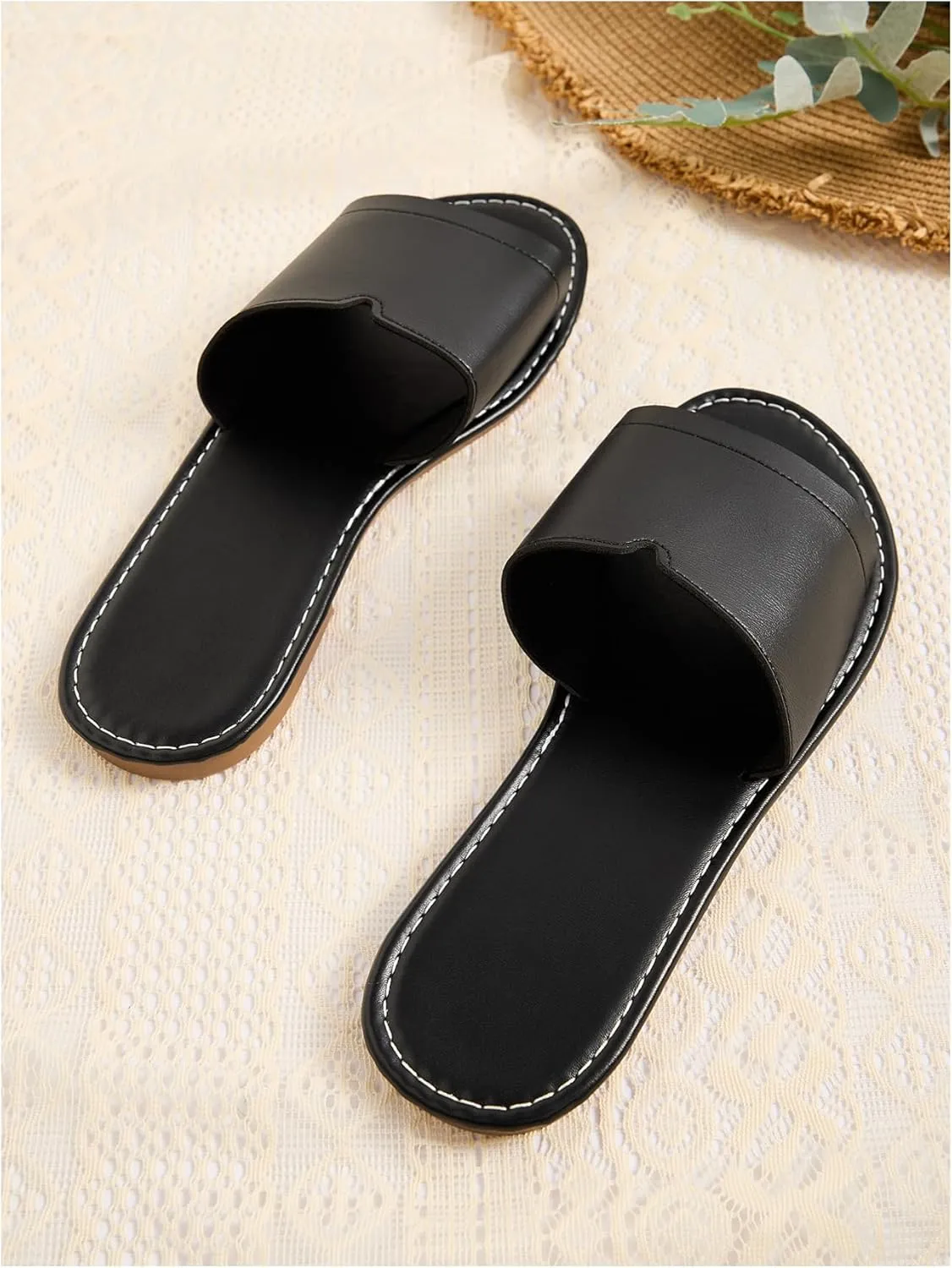 OYOANGLE Women's PU Leather Open Toe Flat Sandals Single Band Summer Casual Slip on Slides