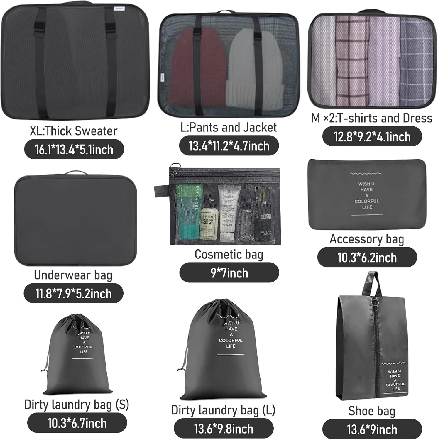 Packing Cubes - 10 Set Luggage Organizer Bags for Family, Mesh Breathable Travel Packing Cubes for Suitcases, Durable Travel Essentials Bags Set