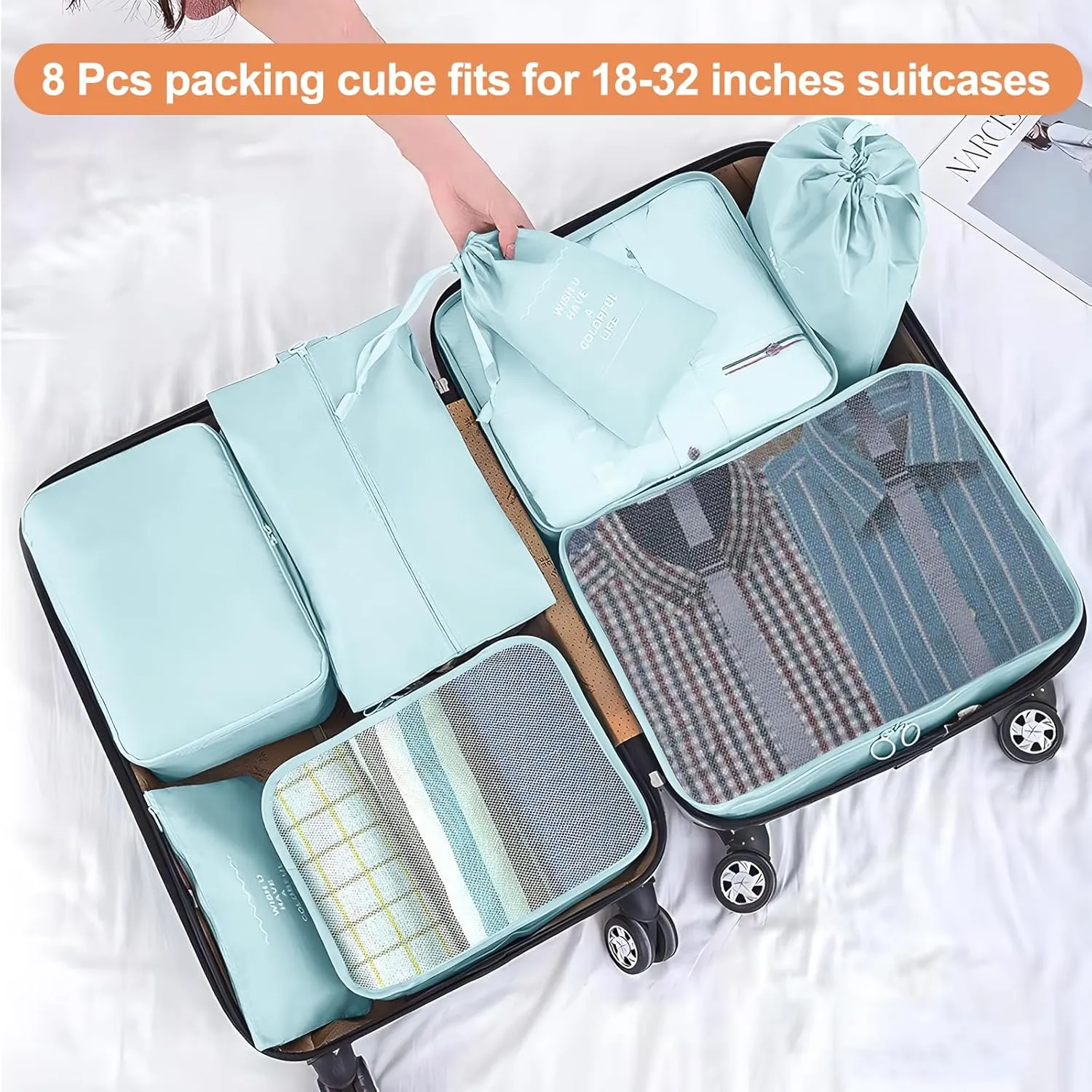 Packing Cubes for Travel - 8 Set Luggage Organizer Bags for Family, Mesh Breathable Travel Essentials Bags Set Durable Travel Packing Cubes for Suitcases