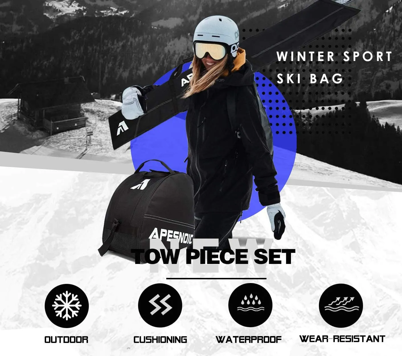 Padded Two-Piece Ski and Boot Bag Combo - Water-Resistant Travel Bag Fits Skis Up to 200 cm & Boots Size 13 With 5mm Foam Gear Bag