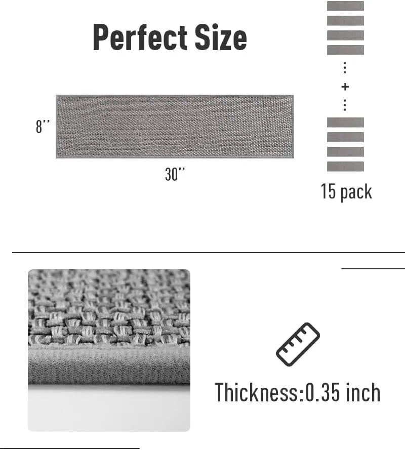 PADOOR Non Slip Stair-Treads,Rubber Backing Stair-Runners for Wooden Steps,15PCS Residue Free Carpet Stair Treads for Kids and Dogs 8"x30" Grey