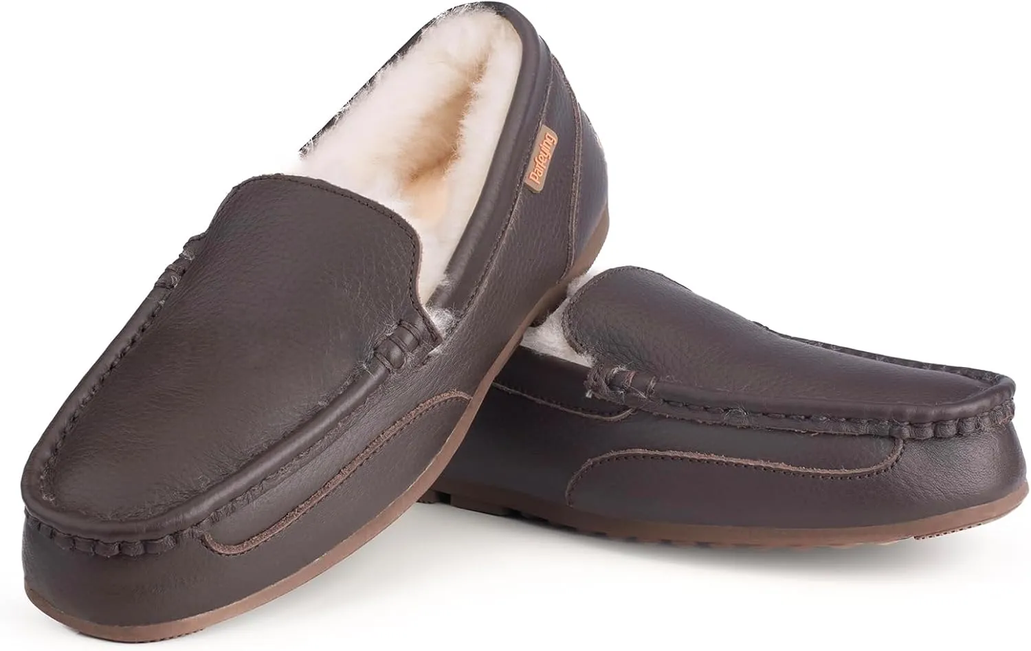 Parfeying Men's Indoor Outdoor Sheepskin Moccasins Slippers Memory Foam Driving Style Shoes
