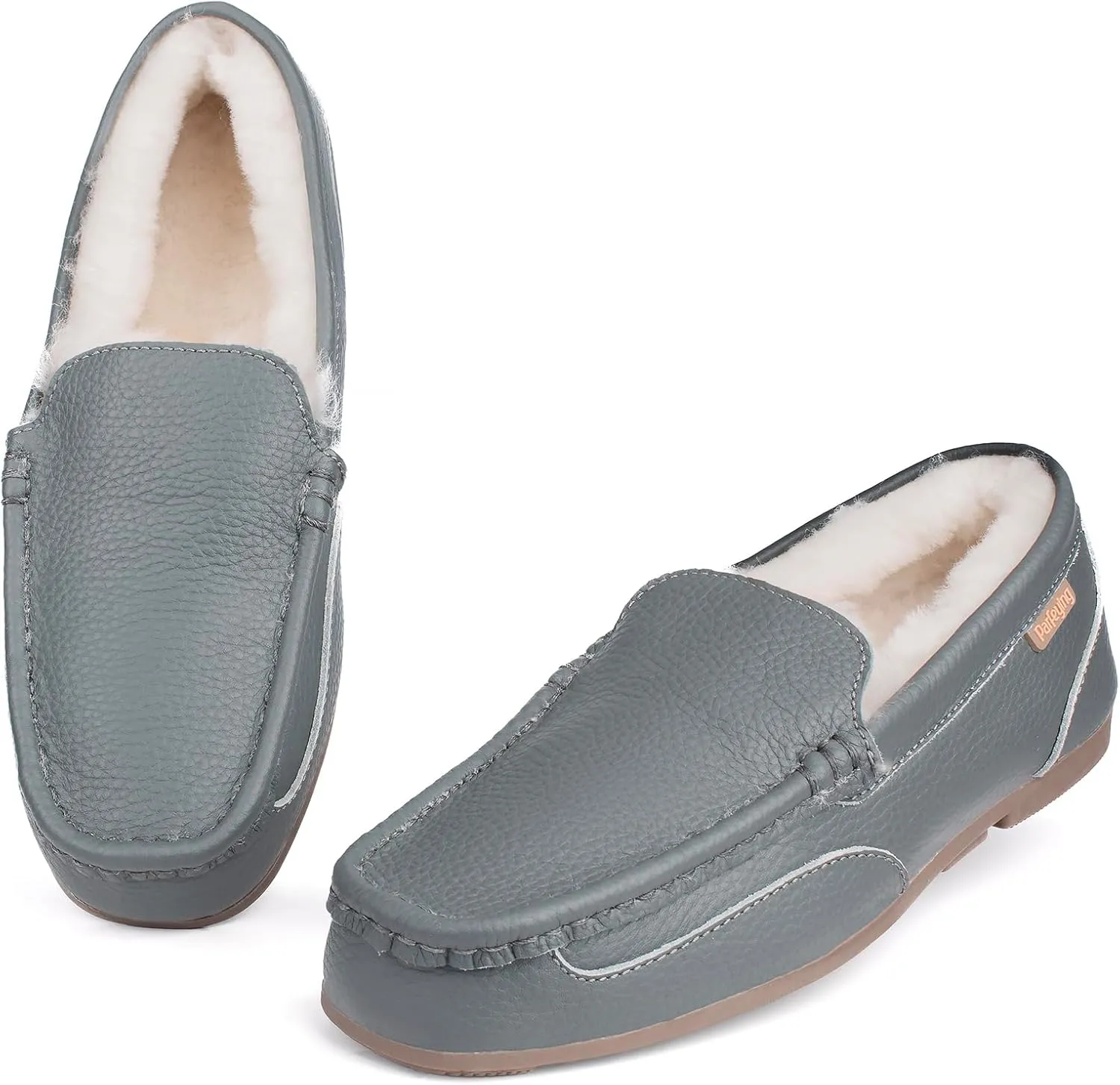Parfeying Men's Indoor Outdoor Sheepskin Moccasins Slippers Memory Foam Driving Style Shoes