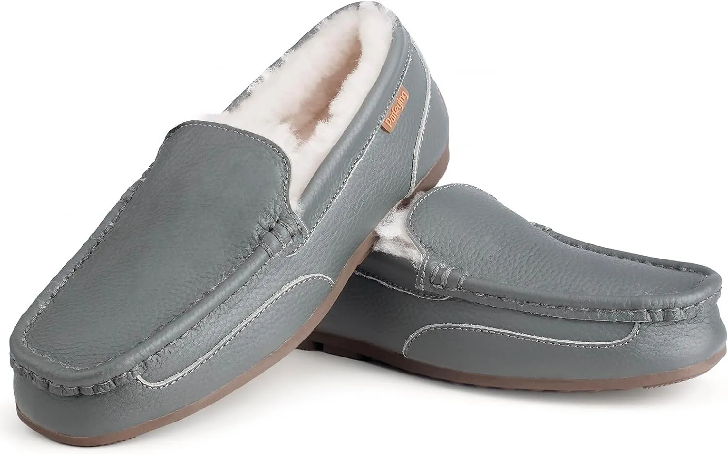 Parfeying Men's Indoor Outdoor Sheepskin Moccasins Slippers Memory Foam Driving Style Shoes