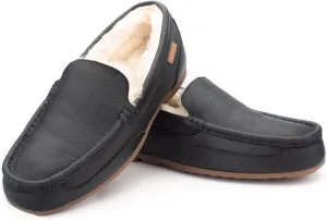 Parfeying Men's Indoor Outdoor Sheepskin Moccasins Slippers Memory Foam Driving Style Shoes
