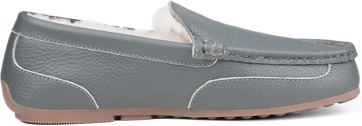 Parfeying Men's Indoor Outdoor Sheepskin Moccasins Slippers Memory Foam Driving Style Shoes