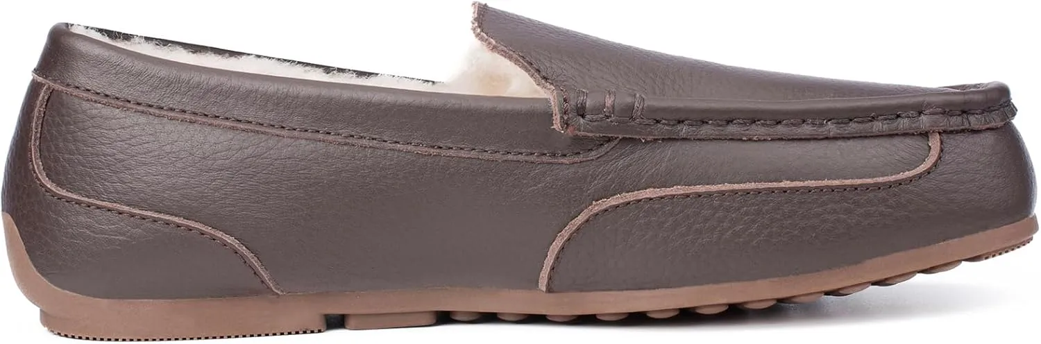 Parfeying Men's Indoor Outdoor Sheepskin Moccasins Slippers Memory Foam Driving Style Shoes