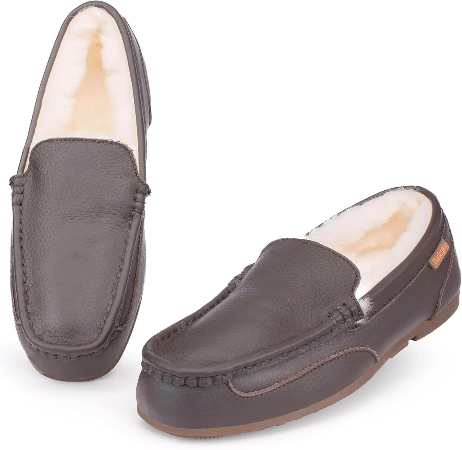Parfeying Men's Indoor Outdoor Sheepskin Moccasins Slippers Memory Foam Driving Style Shoes