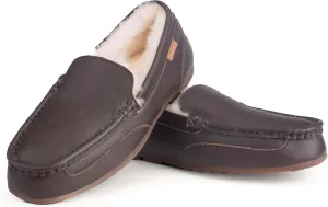 Parfeying Men's Indoor Outdoor Sheepskin Moccasins Slippers Memory Foam Driving Style Shoes