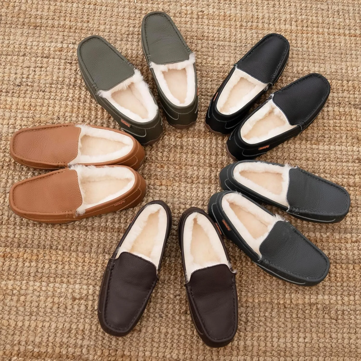 Parfeying Men's Indoor Outdoor Sheepskin Moccasins Slippers Memory Foam Driving Style Shoes