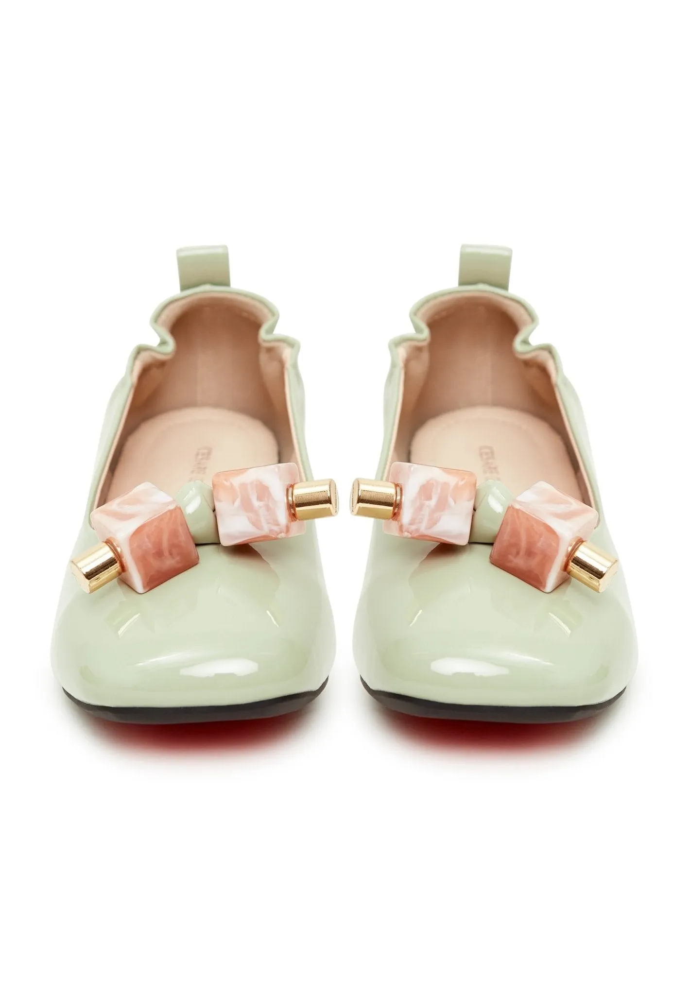 Patent Leather Embellished Ballet Flats - Mint