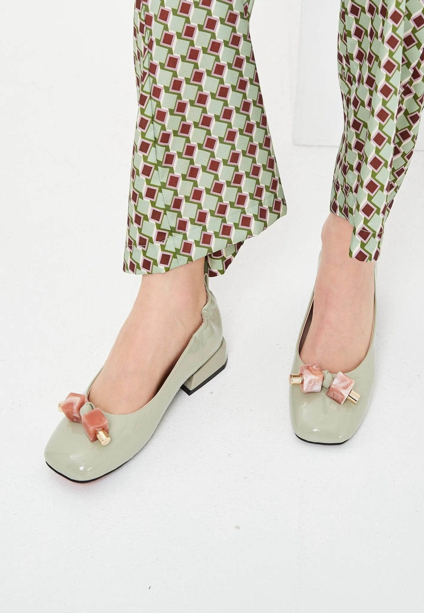 Patent Leather Embellished Ballet Flats - Mint