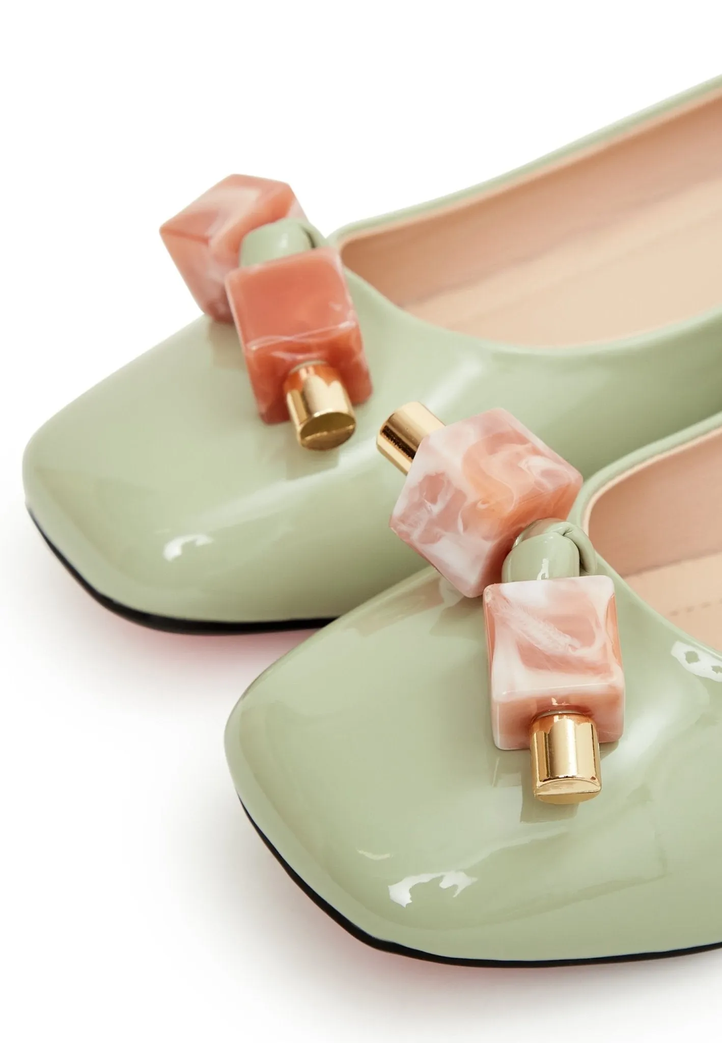 Patent Leather Embellished Ballet Flats - Mint