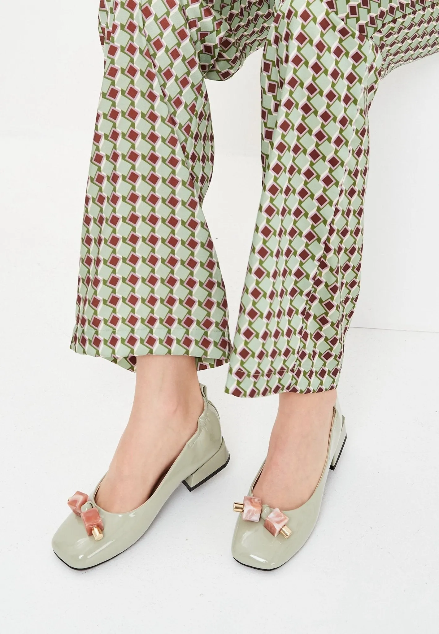 Patent Leather Embellished Ballet Flats - Mint