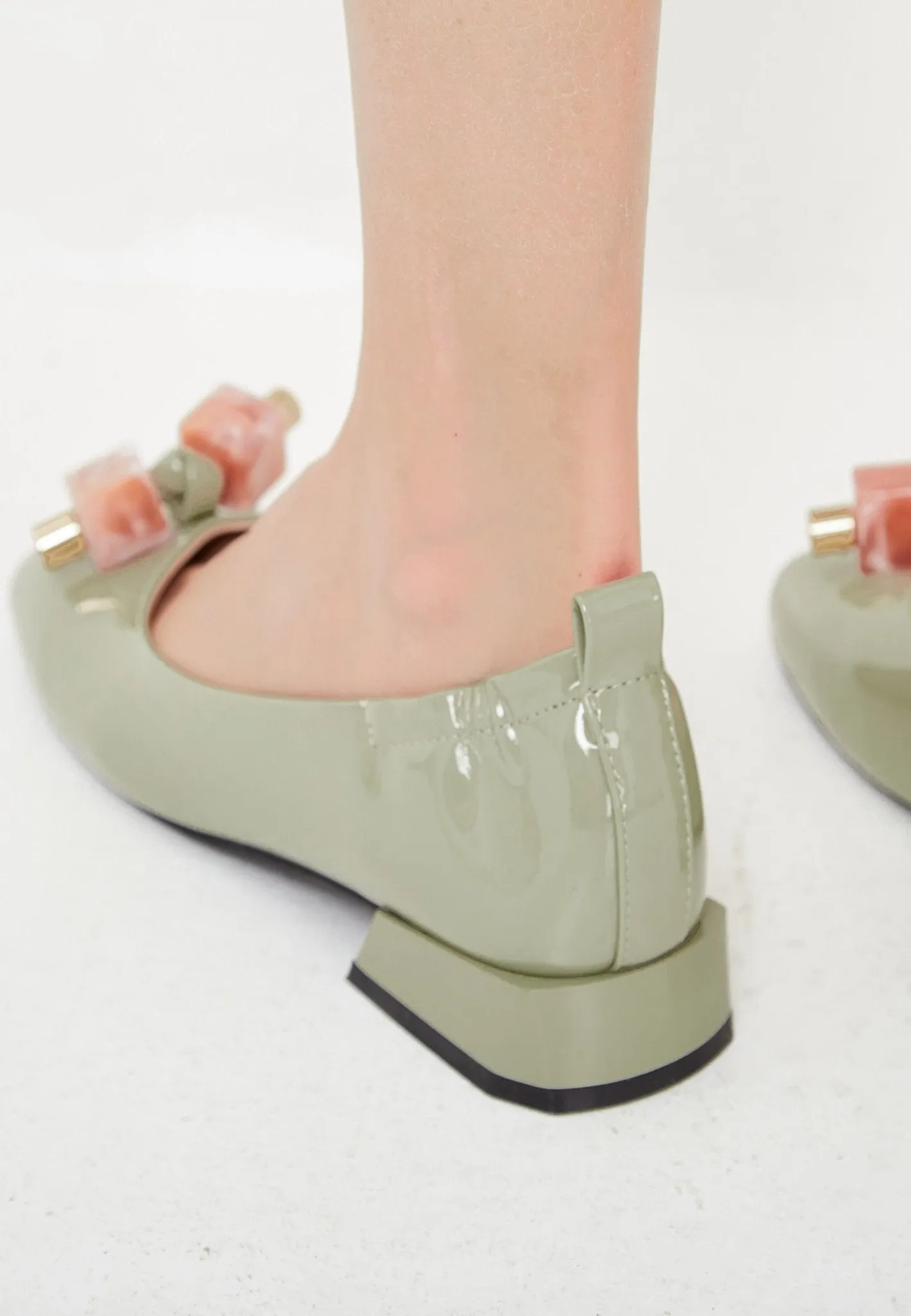Patent Leather Embellished Ballet Flats - Mint
