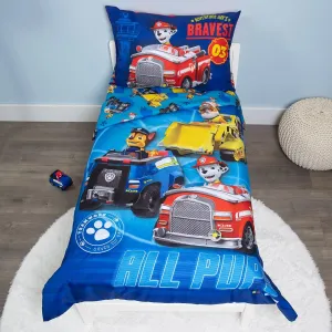 Paw Patrol Calling All Pups 4 Piece Toddler Bedding Set – Includes Comforter, Sheet Set – Fitted   Top Sheet   Reversible Pillowcase for Boys Bed, Blue