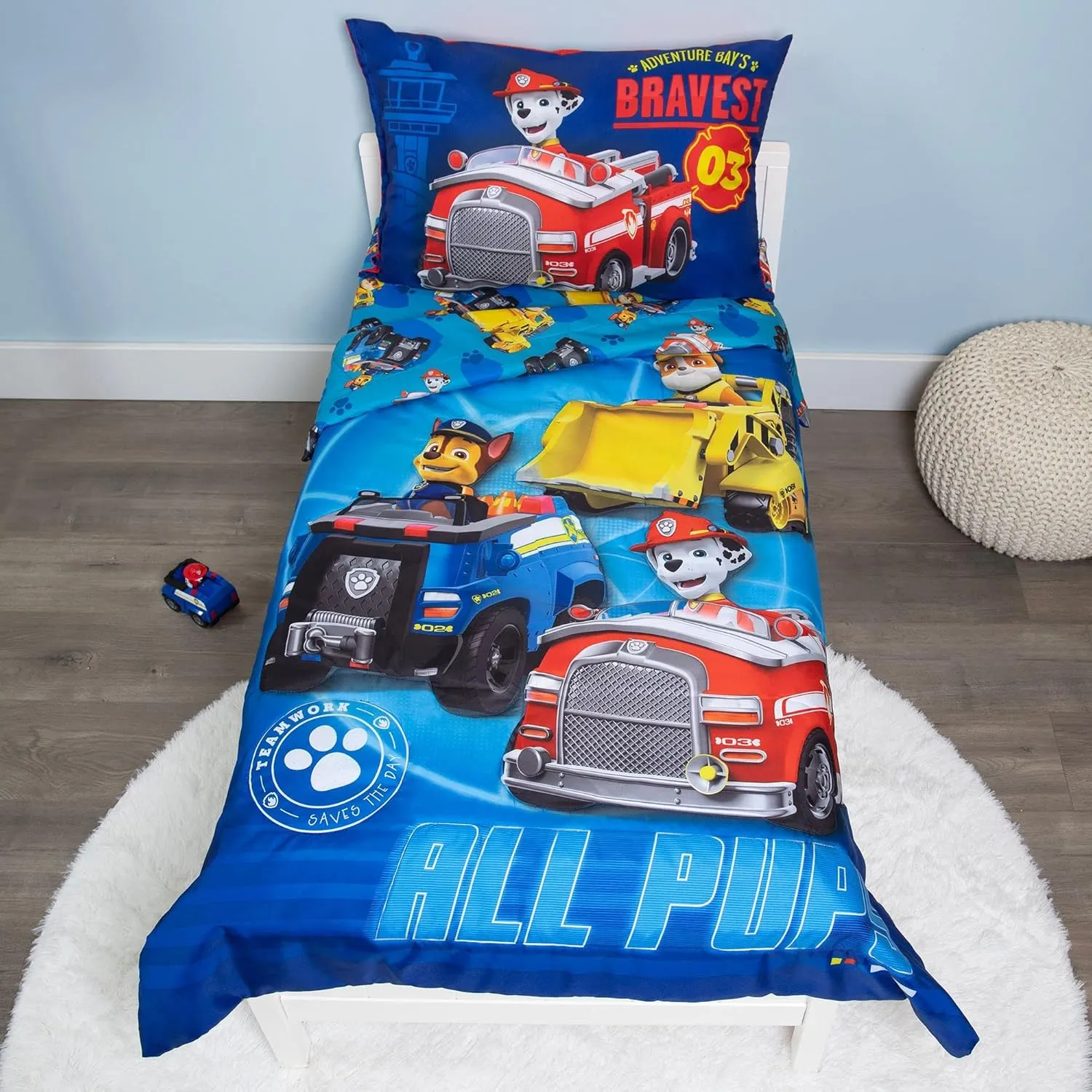 Paw Patrol Calling All Pups 4 Piece Toddler Bedding Set – Includes Comforter, Sheet Set – Fitted   Top Sheet   Reversible Pillowcase for Boys Bed, Blue