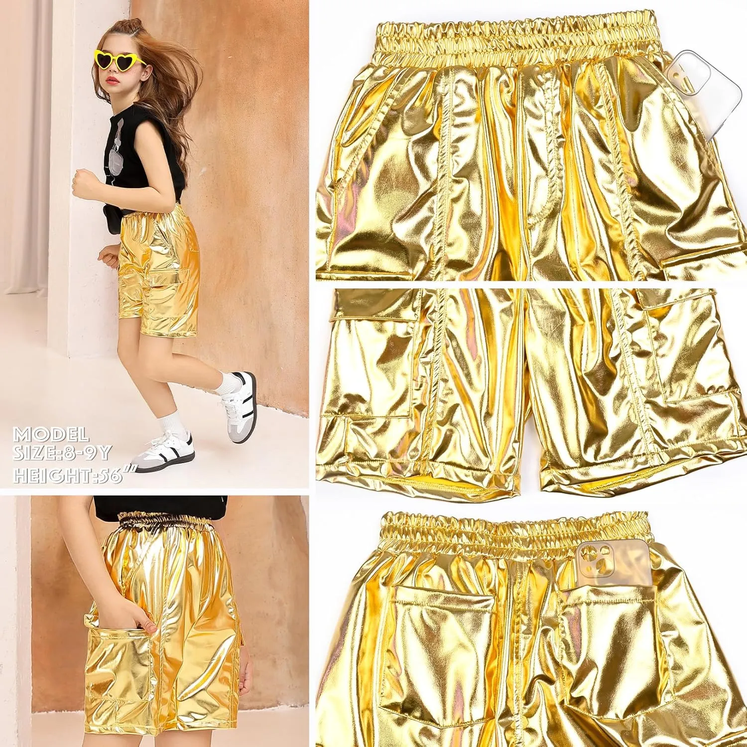 Perfashion Metallic Cargo Shorts for Girls Boys Y2K Multi-Pocket Shorts Streetwear Skater Shorts 4-13Y