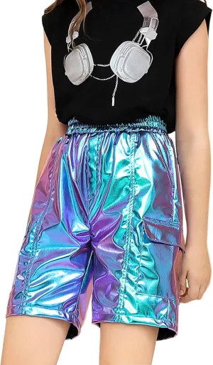 Perfashion Metallic Cargo Shorts for Girls Boys Y2K Multi-Pocket Shorts Streetwear Skater Shorts 4-13Y