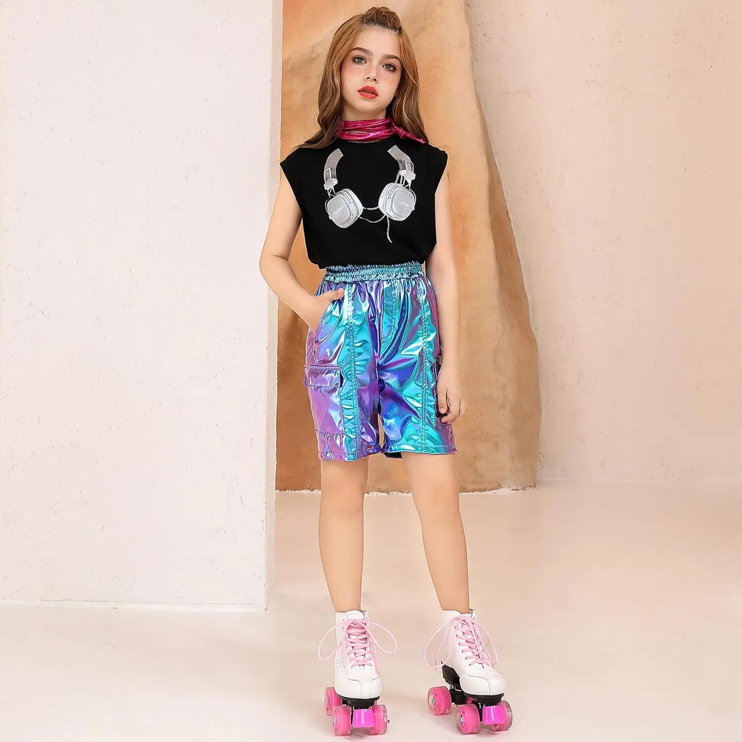 Perfashion Metallic Cargo Shorts for Girls Boys Y2K Multi-Pocket Shorts Streetwear Skater Shorts 4-13Y